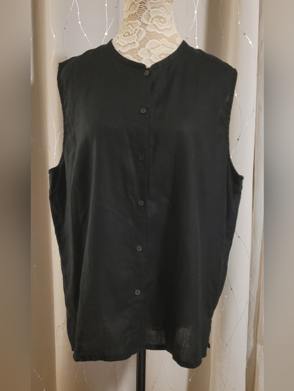 Eileen Fisher 100% Irish Linen Sleeveless Button Up Shirt Black XL